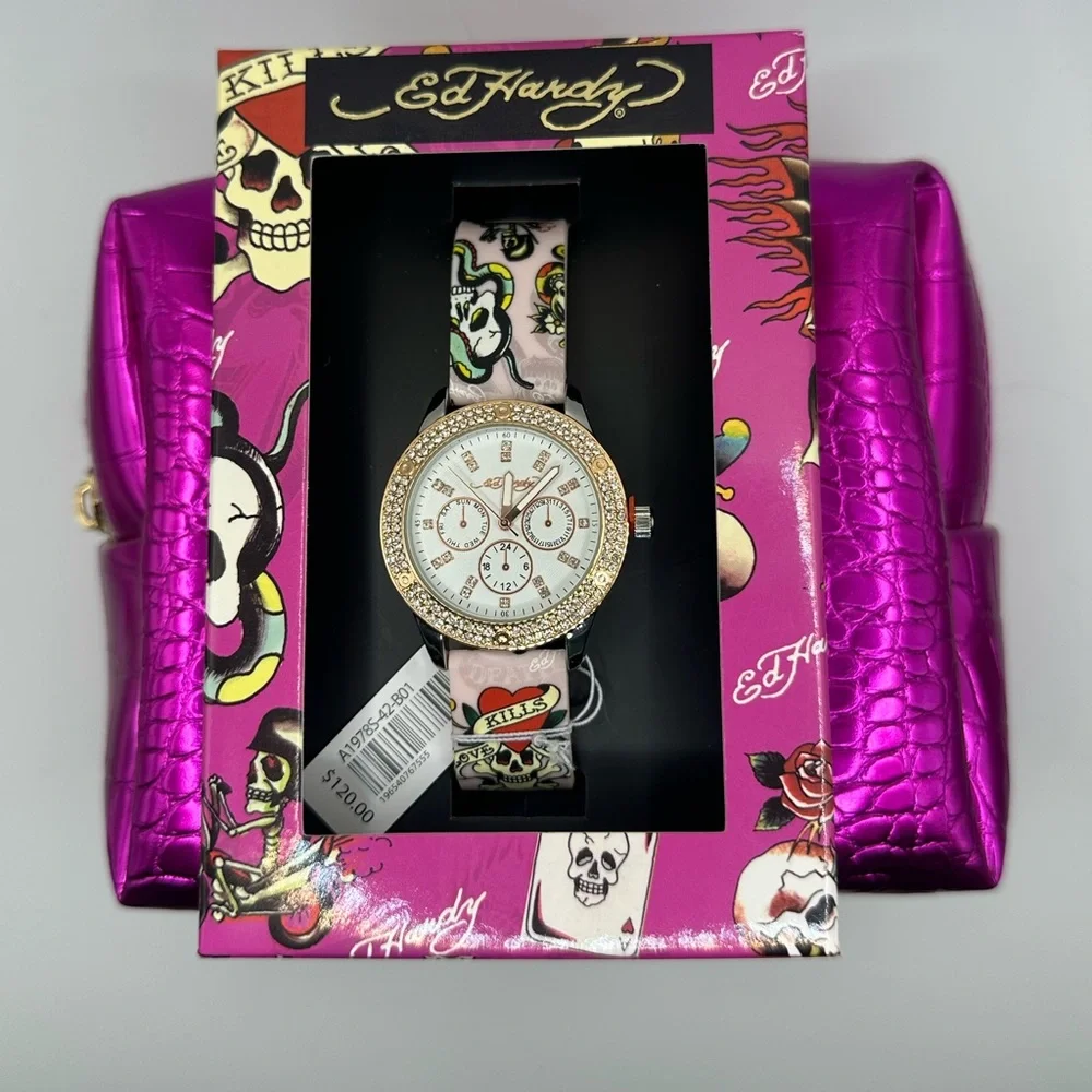 Ed Hardy 2 Piece Gift SET – Watch & Pouch / Cosmetic Bag – New with Tag Giftable